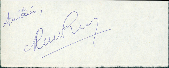 Faye, René  | (1923-1994) Blancobeleg mit Originalsignatur von René Faye. Französischer Radfahrer. Bronzemedaille bei den Olympischen Spielen 1948 im Tandem mit Georges Dron. 14x6,5 cm.