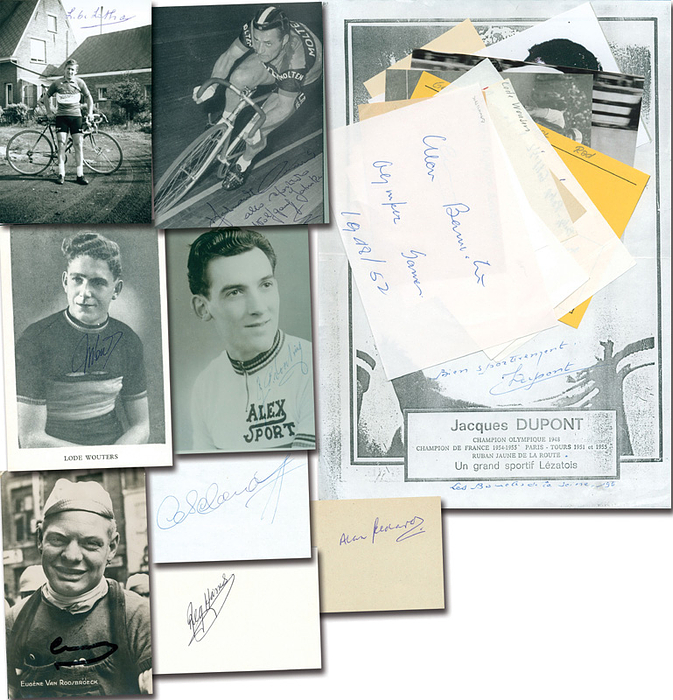 Radsport OSS1948  | 21 verschiedene original Signaturen Radsport von Medaillengewinnern der Olympische Spiele 1948: Schandorff (DEN; B); Dupont (FRA); F,Teruzzi (ITA; G; Autogtammkarte); Bannister (GBR; S); Nihant (BEL; S); R.Harris (GBR; 2x S); G.Dron (FRA; B); Geldard (GBR; B); W.Waters (GBR; B); T.Godwin (GBR; 2x B); 2x Lode Wouters (BEL; G+B; Autogrammkarte); Lathouwer (BEL G); 2x Rossbroeck (BEL; G; Autogrammkarte); R.Maitland (GBR, S); G.Thomas (GBR; S); 2x Voerting (NED;S). 16 Blancobeleg und 5 Bildbelege, 20x10 bis 6x5 cm