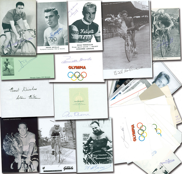 Radsport OSS 1952 + 1956  | 32 verschiedene original Signaturen Radsport Olympische Spiele 1952 + 1956 von Medaillengewinnern. 4 Autogrammkarten, 5 Reprofotos, 4 Fotokopien von Bildern und 19 Blancoblege, 15x10 bis 6x5 cm