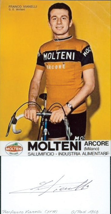 Vianelli, Pierfranco  | Blancobeleg mit Originalsignatur von Pierfranco Vianelli (ITA). Olympiasieger 1968 im Einzel-Straßenrennen und Bronzemedaille Olympia 1968 im Mannschaftszeitfahren über 100 Kilometer. 10x5,5 cm.
