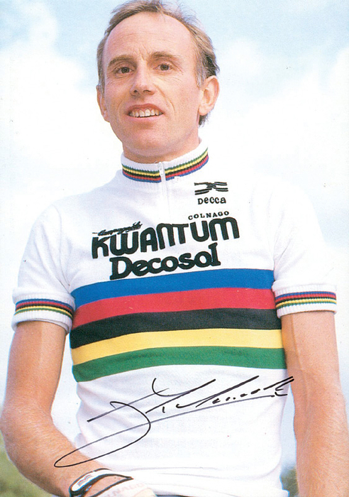 Zoetemelk,Joop  | Farb-Autogrammkarte "Weltmeister 1985" mit Originalsignatur von Joep Zoetemelk. Tour de France Sieger 1980. Goldmedaille Olympische Spiele 1968. 15x10,5 cm.