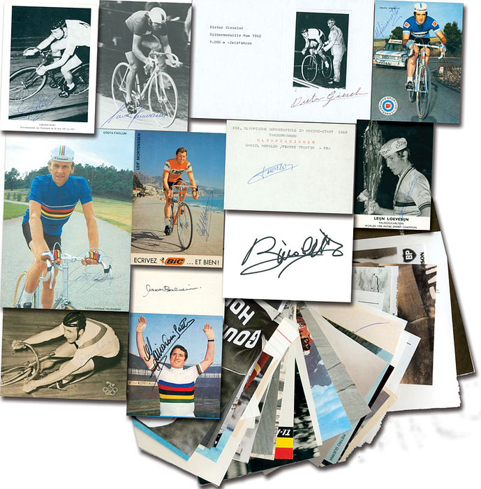 Radsport OSS 1960 1964 1968  | 57 original Signaturen Radsport Olympische Spiele 1960 1964 1968 Medaillengewinner. 19 Autogrammkarten, 7 Reprofotos und 31 Blancobelege. 20x15 bis 4x3 cm