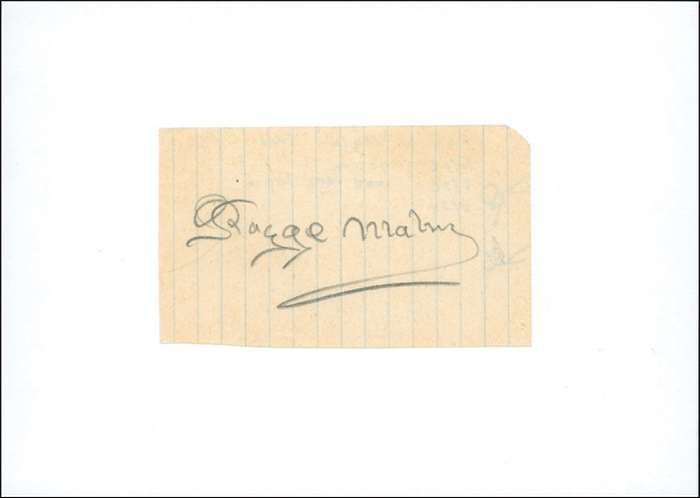 Malm, Ragnar  | (1893-1958) Blancobeleg ( 8x5 cm) mit original Signatur von Ragnar Malm (SWE). Dreifacher Medaillengewinner im Radsport Straßenrennen bei den Olympischen Spielen 1912 (Gold), 1920 (Silber) und 1924 (Bronze). Auf Karteikarte montiert. 15x10 cm