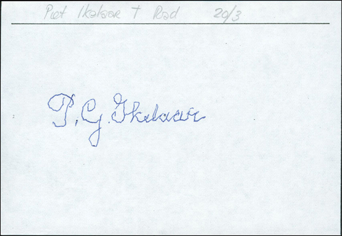 Ikelaar, Petrus Gerardus  | (1899-1992) Blancobeleg mit original Signatur von Petrus Gerardus „Piet“ Ikelaar (NED). Medaillengewinner im Radsport bei den Olympischen Spielen 1920 im Tandem (Bronze) und 50 km (Bronze). 15x10 cm