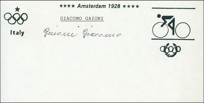 Gaioni, Giacomo  | (1905-1988) Blancobeleg mit original Signatur von Giacomo Gaioni (ITA). Goldmedaille im Radsport 4000 m Teamverfolgung bei den Olympischen Spielen 1928. 17x8,5 cm