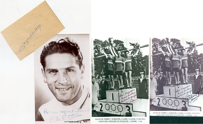 Frankreich OSS1948 Radsport  | Goldmedaille für Frankreich im Radsport bei den Olympischen Spielen 1948 in der 4000 m Mannschaftsverfolgung. Original Signaturen von: Charles Coste (1924-2025; S/W-Reprofoto), Serge Blusson (1928-1994; Selten! Blancobeleg), Fernand Decanali (1925-2017; S/W-Reprofoto), Pierre Adam (1924-2012; S/W-Reprofoto). KOMPLETTES TEAM. 15x10 cm + 10x7 cm