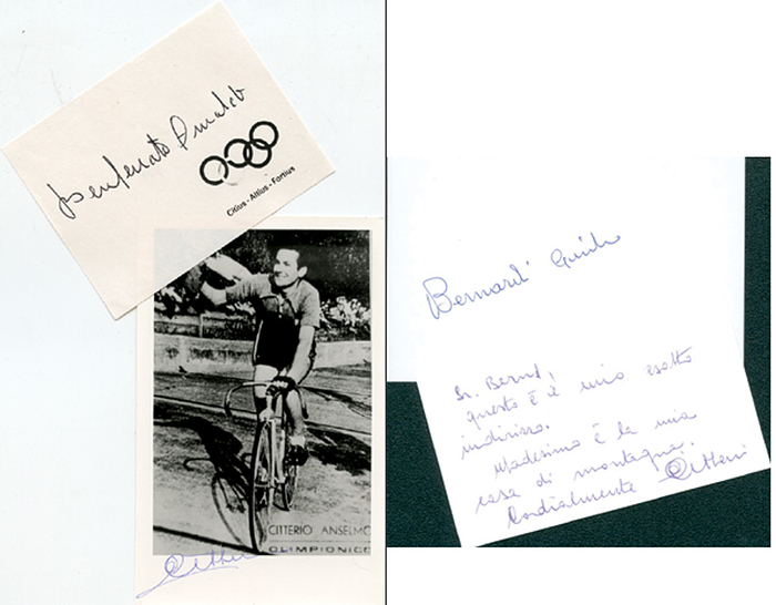 Italien OSS1948 Radsport  | Silbermedaille für Italien im Radsport bei den Olympischen Spielen 1948 in der 4000 m Mannschaftsverfolgung. Original Signaturen von: Arnaldo Benfenati (1924-1986; Selten!; Blancobeleg; Weltmeister 1947 Amat.); Guido Bernardi (1921-2002; Karteikarte); Anselmo Citterio (1927-2006; Autogrammkarte + Visitenkarte). 3 von 4 Fahrern. 14x9 bis 9x5