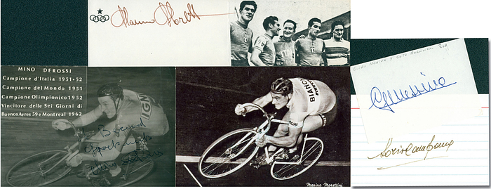 Italien OSS1952 Radsport  | Goldmedaille für Italien im Radsport bei den Olympischen Spielen 1952 in der 4000 m Mannschaftsverfolgung. Original Signaturen von: Marino Morettini (1931-1990; Silber 1000 m Zeit; Blancobeleg; Selten!); Guido Messina (1931-2020; 5facher Weltmeister; Blancobeleg); Mino De Rossi (1931-2021; Weltmeister Amat. 19521; Autogrammkarte); Loris Campana (1926-2015; Karteikarte). KOMPLETTES TEAM; 15x10 bis 9x6 cm
