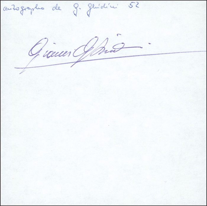 Ghidini, Gianni  | (1930-1995) Blancobeleg mit original Signatur von Gianni Ghidini (ITA). Silbermedaille bei den Olympischen Spielen 1952 im Radsport Straße Team, 10x10 cm