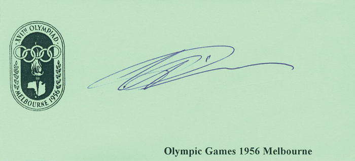 Pinarello, Cesare  | (1932-2012) Blancobeleg mit original Signatur von Cesare Pinarello (ITA). 2x Bronzemedaille bei den Olympischen Spielen 1952 + 1956 Radsport Tandem, 15x6,5 cm