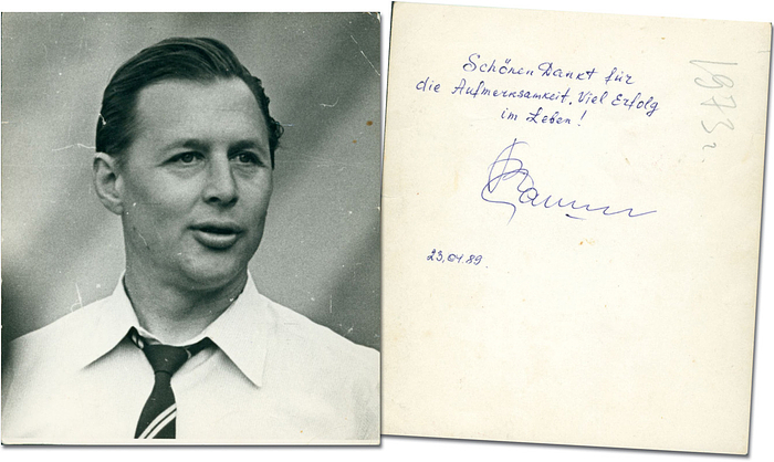 Wargaschkin, Rostislaw  | (1933) S/W-Foto mit original Signatur und Widmung von 1989 von Rostislaw Wargaschkin (URS) auf der Rückseite. Bronzemedaille bei den Olympischen Spielen 1960 im Radsport 1000 m Zeitfahren, 12,5x11 cm