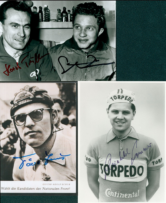 Deutschland OSS1956 Radsport  | Bronzemedaille für Deutschland im Radsport bei den Olympischen Spielen 1956 im Straßenrennen, komplettes Team aus der DDR. Original Signaturen von: Horst Tüller (1931-2001. Signatur mit seinem Bruder Gerhard Tüller); Gustav-Adolf Schur (Silber 1960);  Reinhold Pommer (1935-2014). KOMPLETTES TEAM; 2 S/W-Fotos + 1 Reprofoto; 15x10 cm