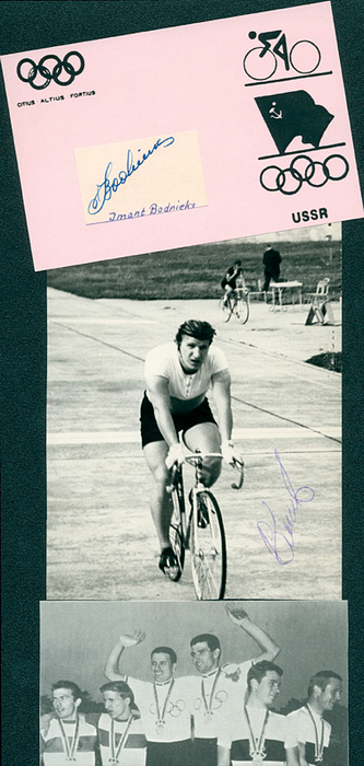 Bodnieks / Logunow  | Silbermedaille im Tandem für die UdSSR bei den Olympischen Spielen 1964 mit original Signatur von Imants Bodnieks (Blancobeleg 4,5x3 cm auf Karteikarte montiert, 15x9 cm. Selten) und Wiktor Logunow (1944-2022; S/W-Foto, 16x12 cm. Sehr selten!).