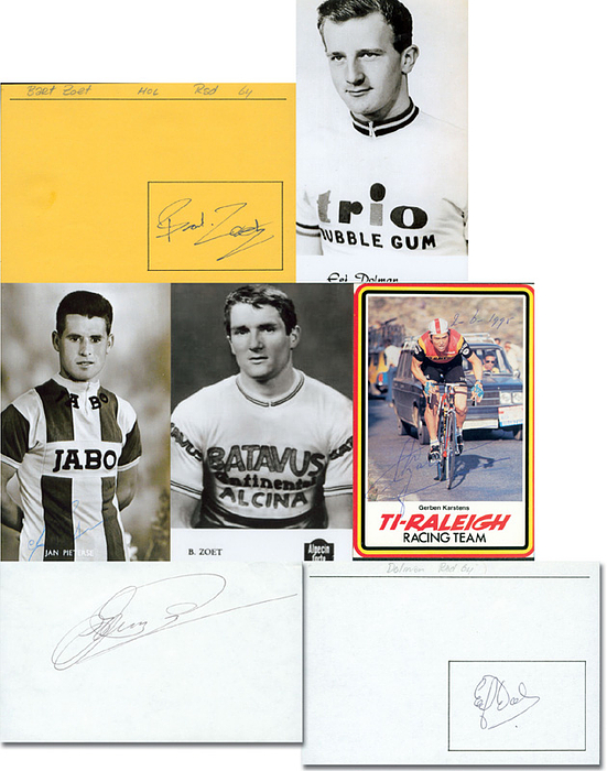 Niederlande OSS1964 Radsport  | Goldmedaille für die Niederlande im Radsport bei den Olympischen Spielen 1964 im Straßenrennen Mannschaft. Original Signaturen: Evert Dolman (1946-1993); Gerben Karstens (1942-2022); Jan Pieterse; Bart Zoet (1942-1992). KOMPLETTES TEAM; 1 Autogrammkarte + 3 Blancobelege; 15x10 cm