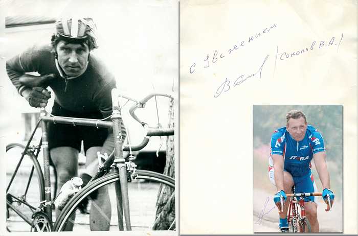 UdSSR OSS1976 Radsport  | Silbermedaille für die UdSSR im Radsport bei den Olympischen Spielen 1976 in der 4000 m Verfolgung Team. Original Signaturen von Alexander Perow (Farbfoto) und Wiktor Sokolow (Signatur Rückseite S/W-Pressefoto). 23x18 cm + 14,5x10,5 cm