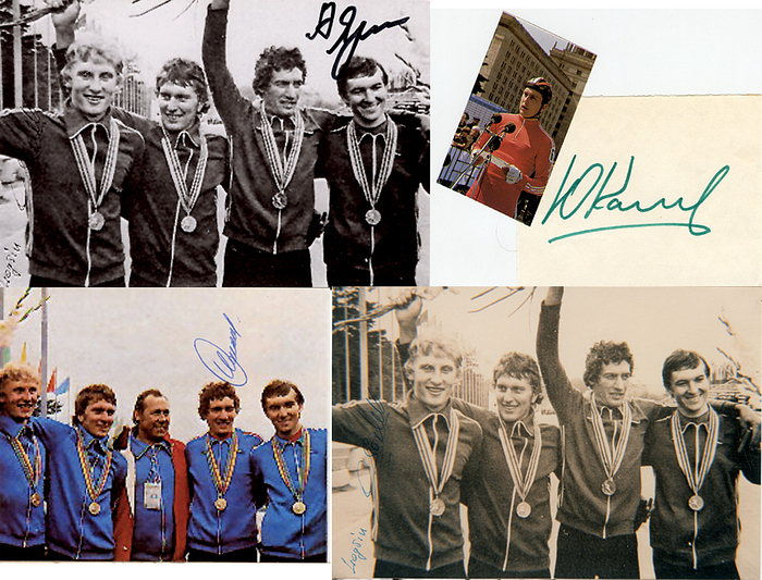 UdSSR OSS1980 Radsport  | Goldmedaille für die UdSSR im Radsport bei den Olympischen Spielen 1980 im Mannschaftszeitfahren. Original Signaturen von Juri Kaschirin, Oleg Logwin, Sergei Schelpakow (Selten), Anatoli Jarkin (Selten). KOMPLETTES TEAM. 3 Reprofotos + 1 Blancobeleg,  15x10 cm 10x9 cm