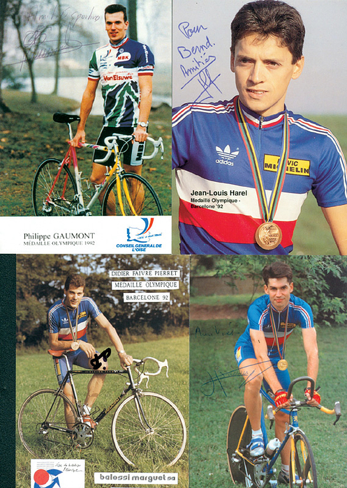 Frankreich OSS1992 Radsport  | Bronzemedaille für Frankreich im Radsport bei den Olympischen Spielen 1992 im Straßenrennen Team. Original Signaturen von Hervé Boussard (1966-2013), Didier Faivre-Pierret (typische Signatur mit "FP), Philippe Gaumont (1973-2013), Jean-Louis Harel. KOMPLETTES TEAM. 4 Autogrammkarten, je 15x11 cm