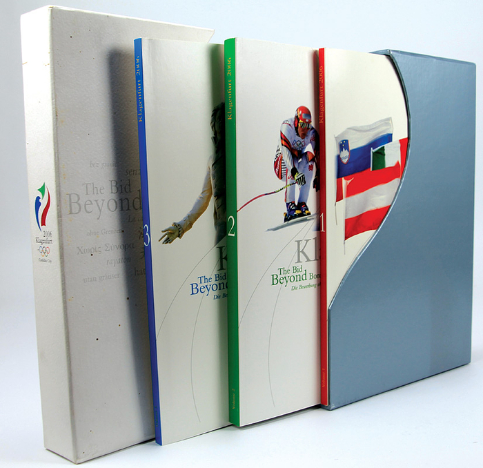  - Olympic Games 2006. Bid Book Klagenfurt 2006 Candiate City XX Olympic Winter Games Candiature. Three volumes in slipcase. Official application documents / bid book for the Olympic Winter Games 2006, made for the IOC. 460 pages with numerous illustrations, 30x22 cm, paperback, Klagenfurt 1998. Condition: B