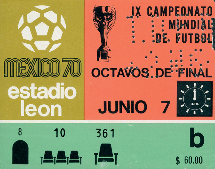 Eintrittskarte WM1970  | Fußball-Weltmeisterschaft 1970, Gruppenspiel: Deutschland - Bulgarien (5:2) im Estadio Leon am 7. Juni. 13x10cm.