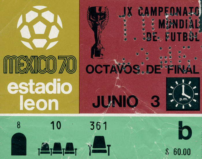  - World Cup 1970. Ticket Germany vs Morocco on June, 3rd in Leon. 80 dollar seat ticket. Size 13x10cm. --very rare, only 9,000 spectateurs! --creased Condition: C