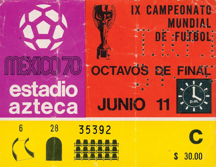 Eintrittskarte WM1970  | Mexico - Belgien (1:0) im Estadio Azteca am 11.6.1970. FIFA Fußball-Weltmeisterschaft Mexico. 13x10cm.