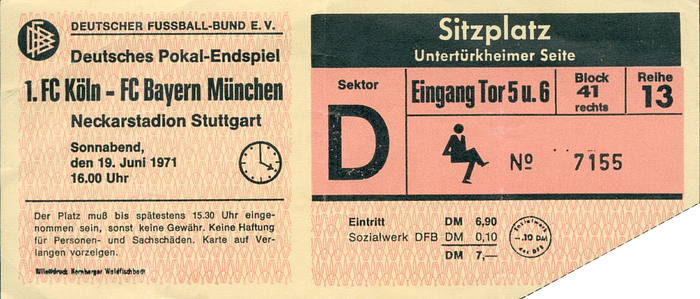 Eintrittskarte P1971  | DFB Pokal-Endspiel 1971: 1.FC Köln - FC Bayern München (2:1 n.V.) vom 19.6.1971 im Neckar-Stadion Stuttgart. 17 x 7,5 cm.