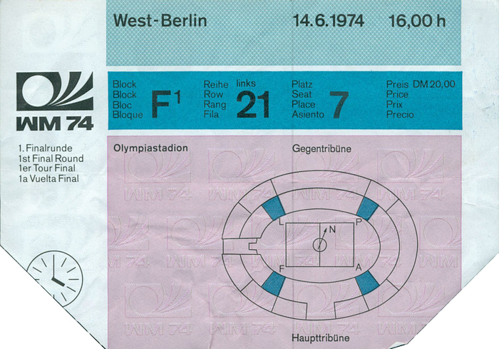  - Ticket: FIFA World Cup 1974. Germany vs Chile in Berlin on 14th June 1974. Size 15x10.5 cm. --creased Condition: A-