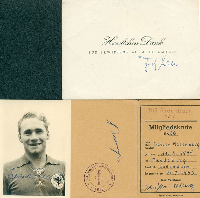  - Six different autographed items with original signatures of the German players from the 1954 FIFA World Cup: Werner Kohlmeyer (1924-1974; face-to-face autograph ca. 1955 on card, 10.5x7 cm); Fritz Walter (1920-2002; thank-you card, 15x10.5 cm); Werner Liebrich (1927-1995; autograph card 15x10.5 cm); Jupp Posipal (1917-1997; photo autograph card, 14.5x10.5 cm); Toni Turek (1919-1984; photo autograph card, 14.5x10 cm); Herbert Erhardt (1930-2010; black and white photo, 10.5x7.5 cm). Condition: A-B-