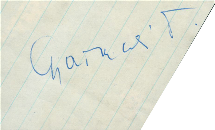 Gyarmati, Olga  | (1924-2013) Blancobeleg mit original Signatur von Olga Gyarmati (HUN). Goldmedaille bei den Olympischen Spielen 1948 im Weitprung, 8x5 cm.