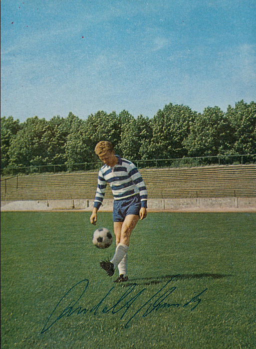 Schmidt, Rudi  | (1940-1966) Farbautogrammkarte von Bergmann (1965) mit original Signatur von Rudolph Schmidt (MSV Duisburg; Bayern München), 15x10,5 cm.