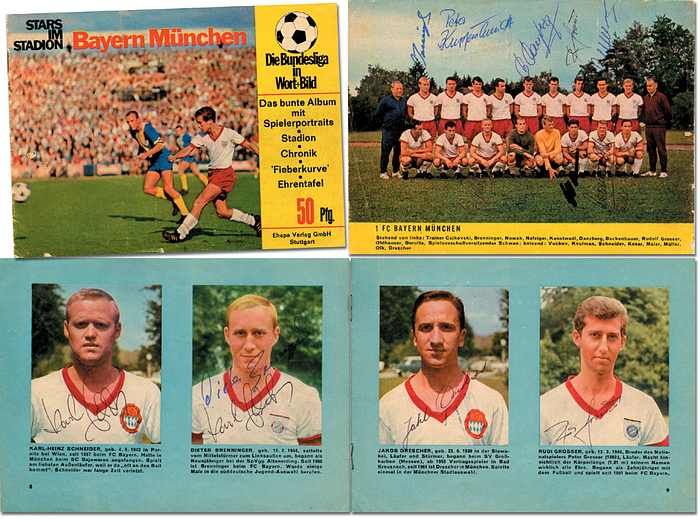 Sorry, no english description is available. ...  - 16 Seiten, 17x13 cm, Broschur, Farbfotos, Ehapa-Verlag, Stuttgart 1966. Condition: C.....Sehr seltene kleine Vereinsheftchen „Die Bundesliga in Wort + Bild“ mit farbigen Spielerporträts und Mannschaftsfoto. Unterschriften von Maier, Olk, Beckenbauer, Brenninger, Ohlhauser, Kupferschmidt, Kosar, Kunstwadl, Schneider, Grosser, G.Müller, Nafziger, Danzberg. Einige Unterschriften doppelt (Innen + Mannschaftsfoto) -- Umschlag mit kleiner Fehlstelle.