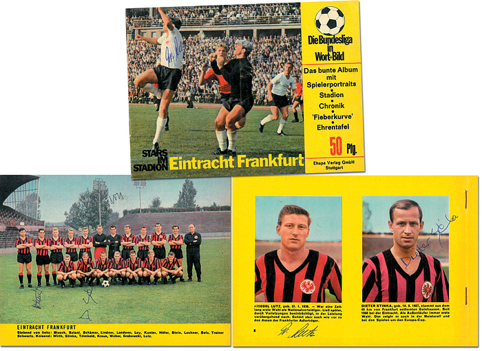 Frankfurt - Stars  | Stars im Stadion. Eintracht Frankfurt. Das bunte Album mit Spielerportraits. Stadion. Chronik. „Fieberkurve“. Ehrentafel. Mit 10 original Signaturen der Spieler (Kunter, Loy, 2x Lutz, 2x Stinka, Stein, 2x Sztani)