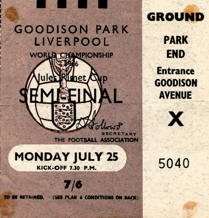 Eintrittskarte WM1966  | Semi Final: Deutschland - UdSSR am 25.7.1966 Goodison Park, Liverpool. 9x8 cm.
