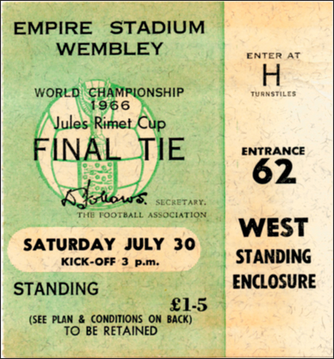 World Cup 1966. Final Ticket England vs Germany - on 30th July 1966, Empire Stadium Wembley. Size 8.5x9 cm. Condition: B-