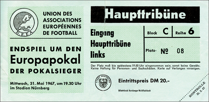 Ticket: 1967 Bayern Munich v Glasgow Rangers - 31st Mai 1967 in Nuremberg. Cup winner's Cup Final. Size 17.5x8.5 cm, Buckled, punched by rip. Condition: C