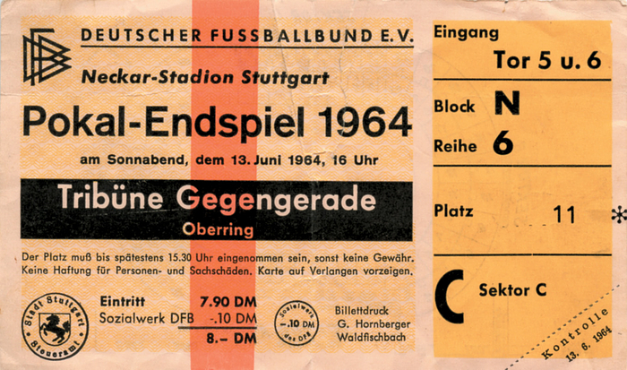 Eintrittskarte P1965  | DFB-Pokalendspiel 22.5.1965 in Hannover. Borussia Dortmund - Alemannia Aachen (2:0). 15,5x10,5 cm.