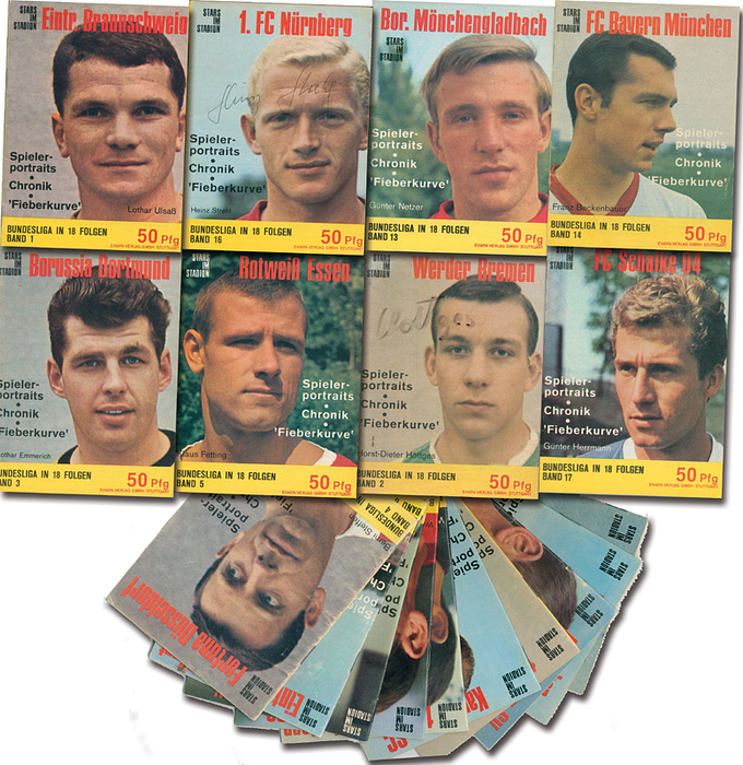 Sorry, no english description is available. ...  - 504 Seiten, 9,5x13 cm, Brsochur, Farbfotos, Ehapa-Verlag, Stuttgart 1966. Condition: C.....Sehr seltene kleine Vereinsheftchen „Bundesliga in 18 Folgen“ mit farbigen Spielerporträts. Jedes Heft behandelt einen Bundesligaverein. 7 Hefte mit kleinen Strich vorn auf dem Umschlag; Bei 5 Heften wurde der Sammelcoupon am hintern Umschlag abgeschnitten (dadruch aber kein Text oder Bildverlust). Heft "1.FC Nürnberg" mit 16 original Signaturen der Spieler!