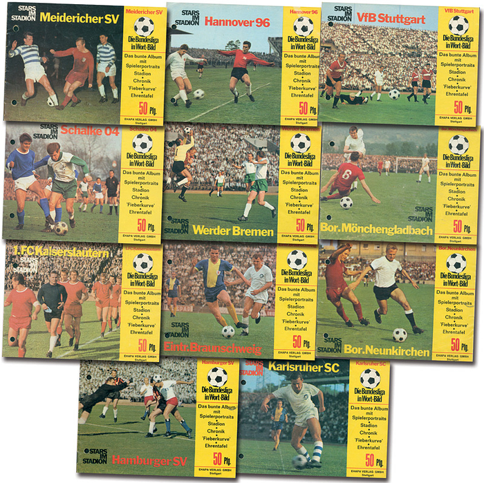 Stars im Stadion (17x13)  | 11  Hefte „Stars im Stadion. Das bunte Album mit Spielerportraits. Stadion. Chronik. „Fieberkurve“. Ehrentafel. Die Bundesliga in Wort + Bild“. --gelocht