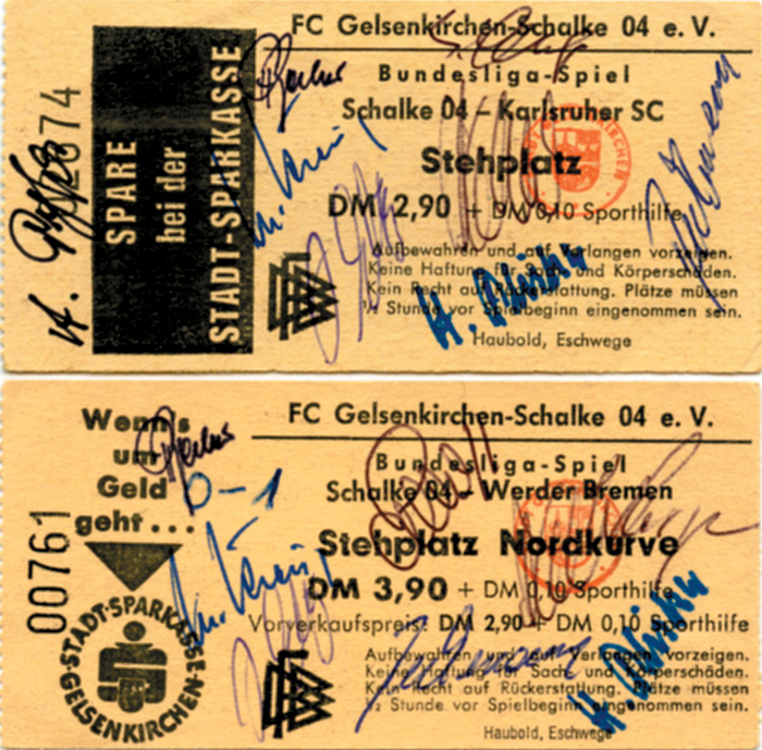 Sorry, no english description is available. ... Football Tickets 165 Schalke 04 German Bundesliga -  Condition: .....Signaturen von H.J.Becker, Herrmann, Senger, Fichtel, Pliska, Bechmann, Elting, Kreuz,