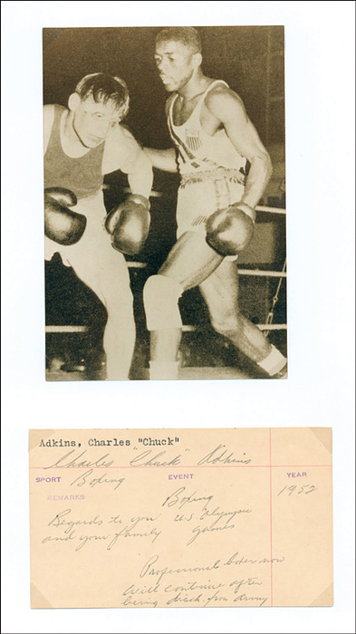 Sorry, no english description is available. ... Olympic Games 1952 Autograph Boxing USA -  Condition: A-.....Selten! Dabei S/W-Reprofoto.  Alles mit Fotoecken auf DIN A4 Sammlerkarton montiert