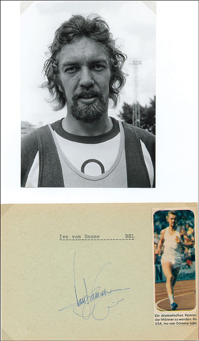 Damme, Ivo van  | (1954-1976) Original Signatur von Ivo van Damme (BEL) auf Blancobeleg (15x11 cm). Gewann Doppel-Silber über 800 bzw. 1500m bei den Olympischen Spielen 1976. Aufmontiert mit Fotoecken auf einem DIN A4 Sammlerblatt.