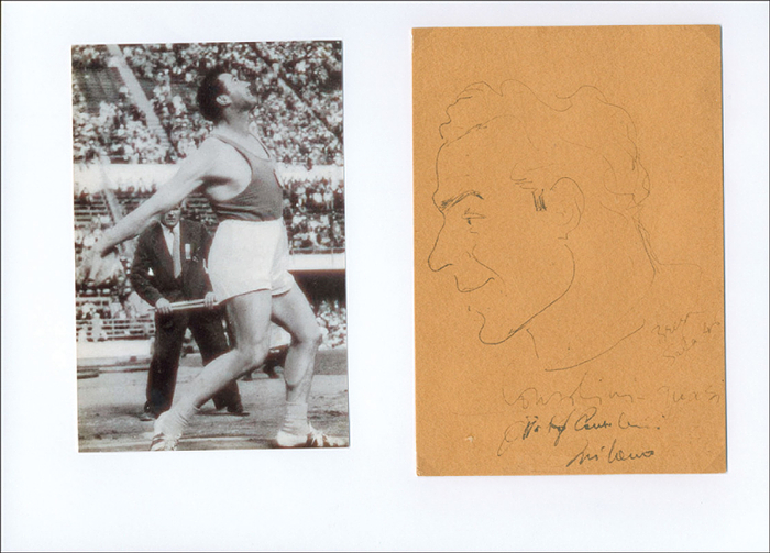 Consolini, Adolfo  | (1917-1969) Porträt, Handzeichnung eines unbekannten Künstlers aus dem Jahre 1946 mit original Signatur von Adolfo Consolini (ITA). Diskus-Olympiasieger 1948 und Olympiazweiter 1952, mehrfacher Weltrekordler und Europameister, Sprecher des olympischen Eides bei den Olympischen Spielen 1960 in Rom. Karton, 17x11,5 cm.