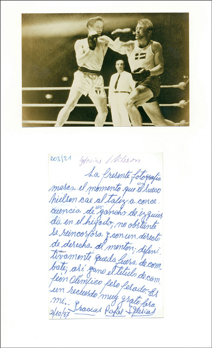 Iglesias, Rafael  | (1924-1999) Blancobeleg mit original Widmung von Rafael Iglesias (ARG). Goldmedaille bei den Olympischen Spielen 1948 im Boxen (Schwergewicht). 13x9 cm.