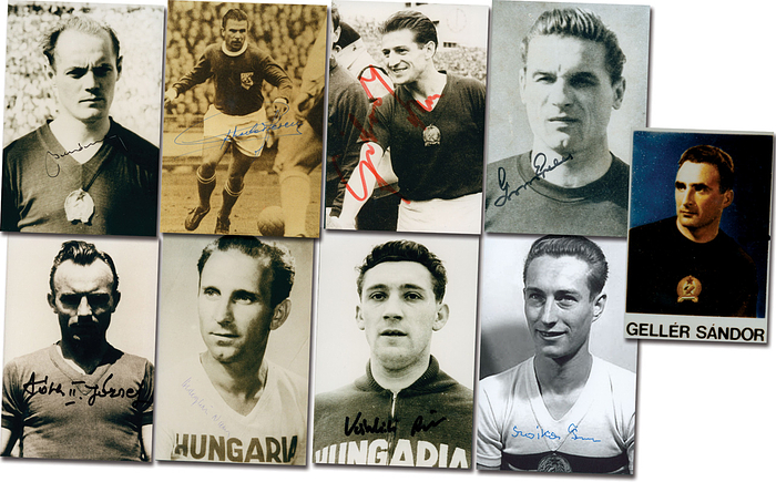  - Autographs World Cup Stars 1954. Hungary: 9 original signatures of the 1954 World Cup runners-up Hungary on reproduction photos by G. Grosics (1926-2014), Buzansky (1925-2015), Varhidi (1931-2015), Szojka (1931-2011), Hidegkuti (1922-2002), Puskas (1927-2006), Czibor (1929-1997), Geller (1925-1996) and Jozsef Toth (1929-2017), each 15x10 cm. Condition: A