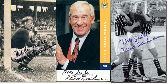 Trautmann, Bert  | (1923-2013) Eine Autogrammkarte und zwei Reprofotos jede mit original Bernhard Carl „Bert“ Trautmann. Deutscher Fußballspieler (Torwart). 1956 Englands Fußballer des Jahres, 545 Spiele für Manchester City 1949-1964. je 15x10 cm