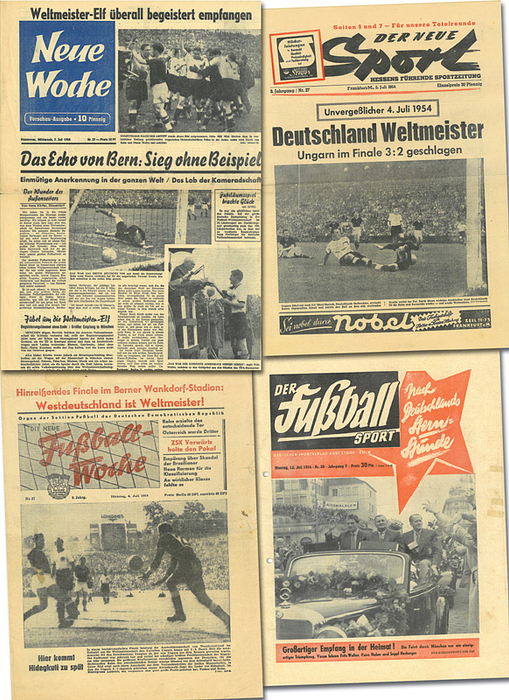  - Four different original German sports newspapers from July 1954, featuring the German team's victory at the 1954 FIFA World Cup: Der Fußball Sport, Cologne; Neue Woche, Hanover; Fußball-Woche, Berlin, GDR; De neue Sport, Frankfurt. Sizes: 47x32 to 32x23 cm Condition: C
