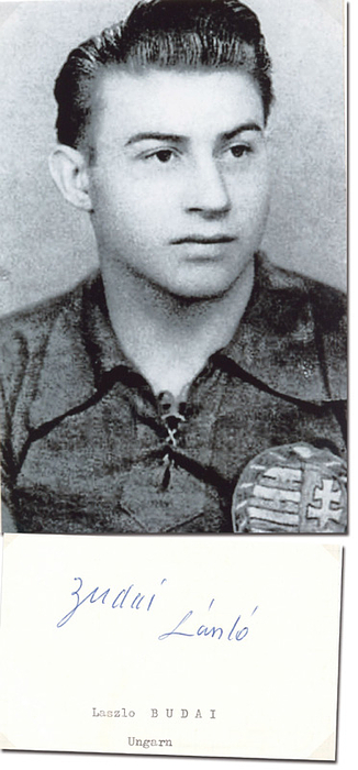 Budai, László  | (1928-1983) Blancobeleg mit original Signatur von László Budai (HUN). Goldmedaillengeinner bei den Olympischen Spielen 1952 im Fußball mit Ungarn. Vize-Weltmeister beim World Cup 1954. 39 Ländrspiele. 10,5x7 cm