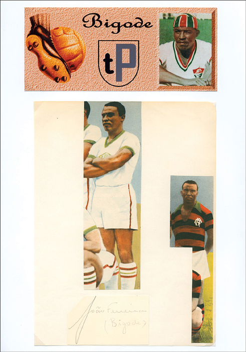  - (1922-2003) Blank receipt (7x4 cm) with original signature of Bigode, real name João Ferreira (BRA). Runner-up at the 1950 FIFA World Cup in Brazil. Signature in pencil. Mounted on a collector's sheet with color images, 20x14 cm. Condition: A-