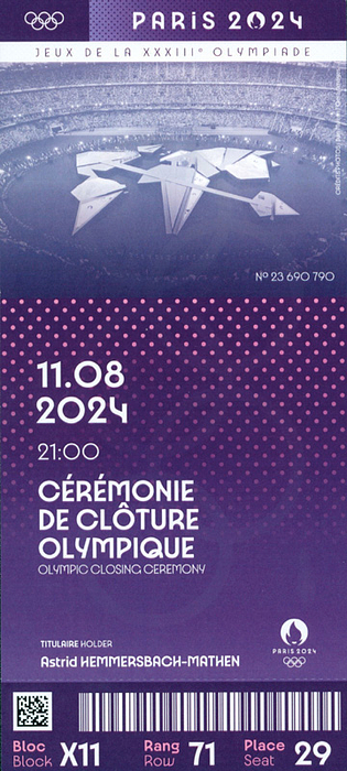 Eintrittskarte OSS2024  | Offizielles Druckticket der Olympischen Spiele Paris 2024. 11.8. Olympic Closing Ceremony. 20x9 cm.