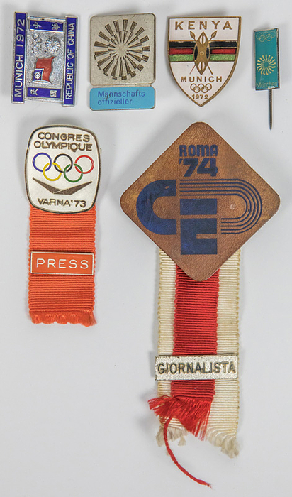  - 1x participant badge of the Olympic Games Munich 1972 "Team Official" 3.5x2.5 cm, 2x official team badges China (3.5x2.5 cm) and Kenya (3.5x3 cm), Olympic Congress Varna 1973, European Athletics Championships Rome 1974. Visitors badge Olympic 1972 Condition: A